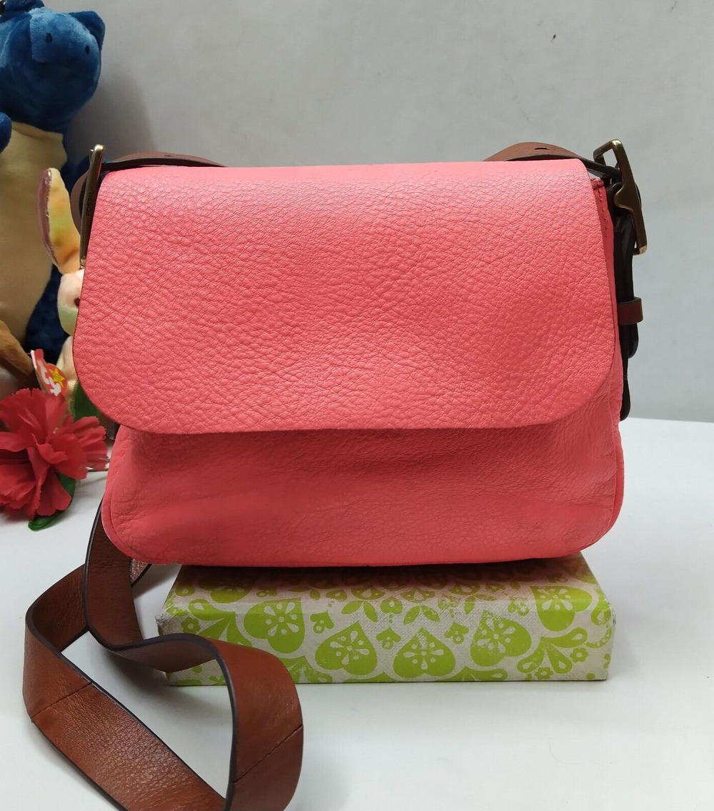 Fossil Pink Pebbled Leather Flap Closure Small Crossbody Bag